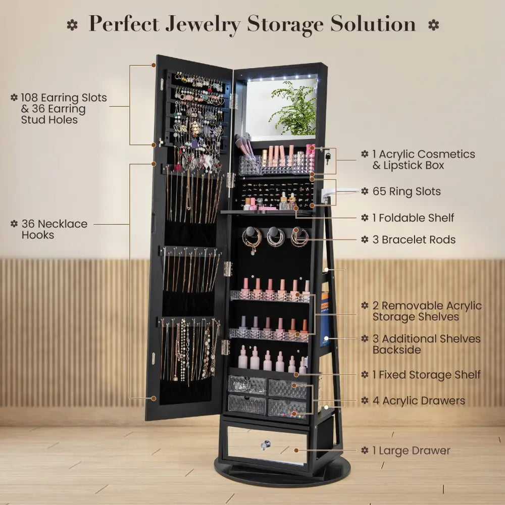 Lockable 360Â° Swivel Jewelry Cabinet with Full-Length Mirror LED Lights-Black - Black - Jewelry Armoires