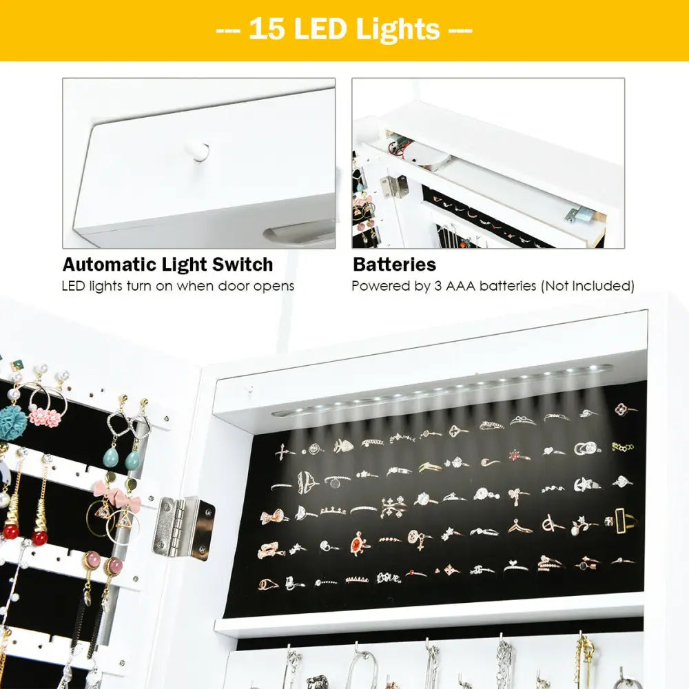 Lockable Armoire Jewelry Cabinet with LED Lights - White - Jewelry Armoires