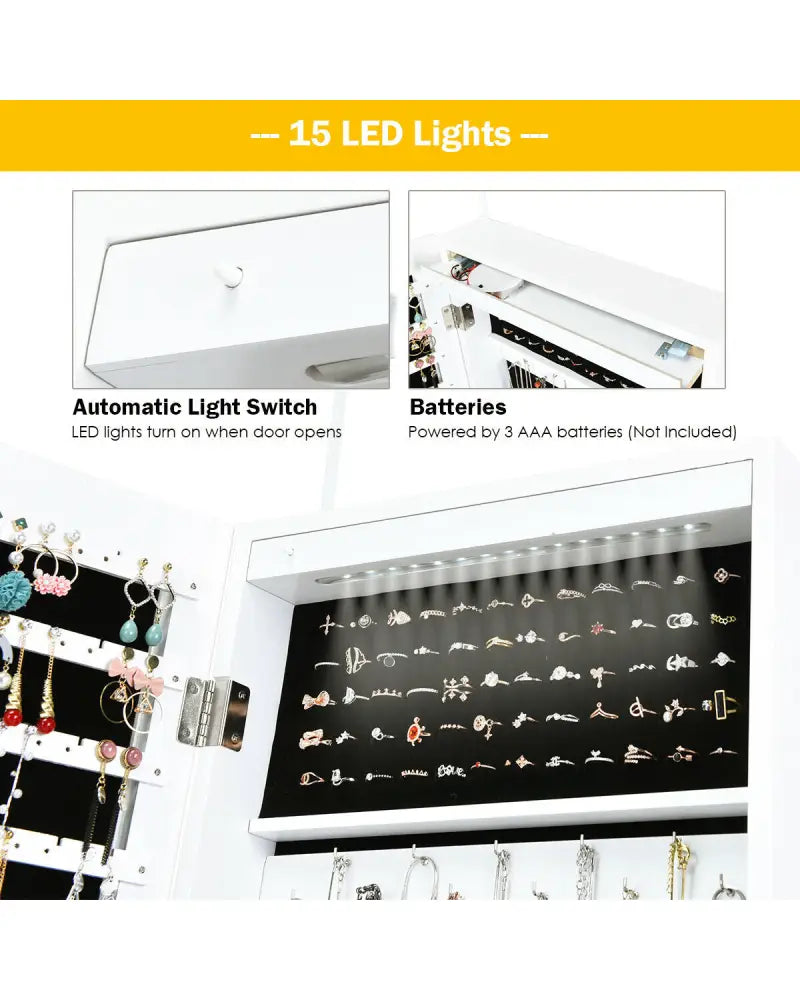Lockable Armoire Jewelry Cabinet with LED Lights - White - Jewelry Armoires