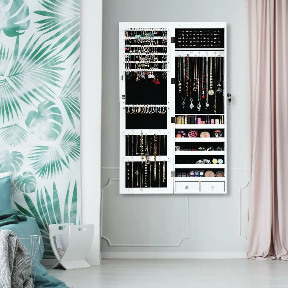 Lockable Armoire Jewelry Cabinet with LED Lights - White - Jewelry Armoires