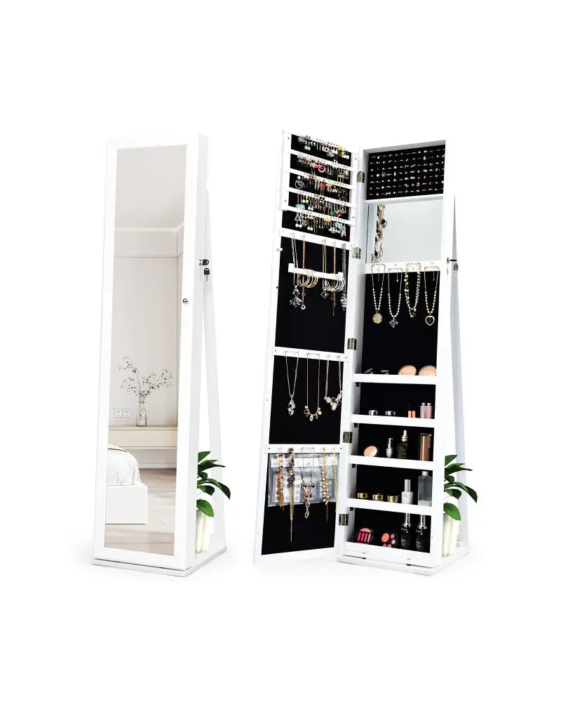 Lockable Freestanding Jewelry Armoire with Full Length Mirror-White - White - Jewelry Armoires