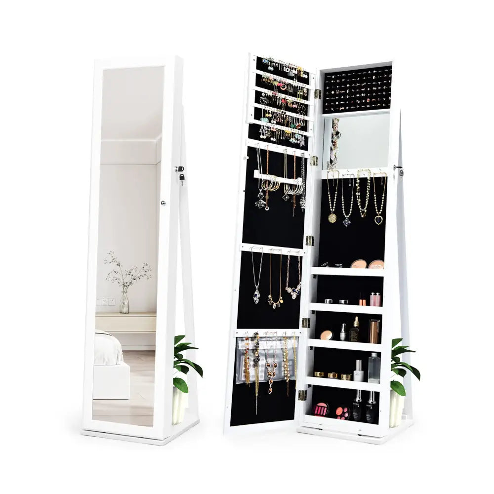 Lockable Freestanding Jewelry Armoire with Full Length Mirror-White - White - Jewelry Armoires