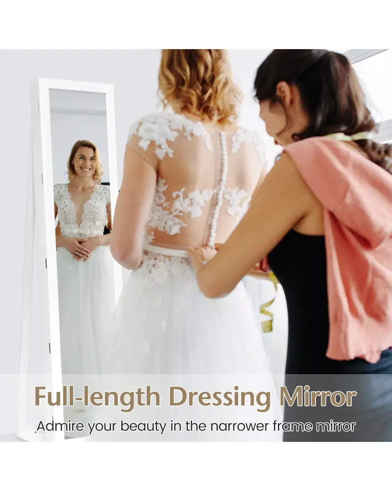 Lockable Freestanding Jewelry Armoire with Full Length Mirror-White - White - Jewelry Armoires