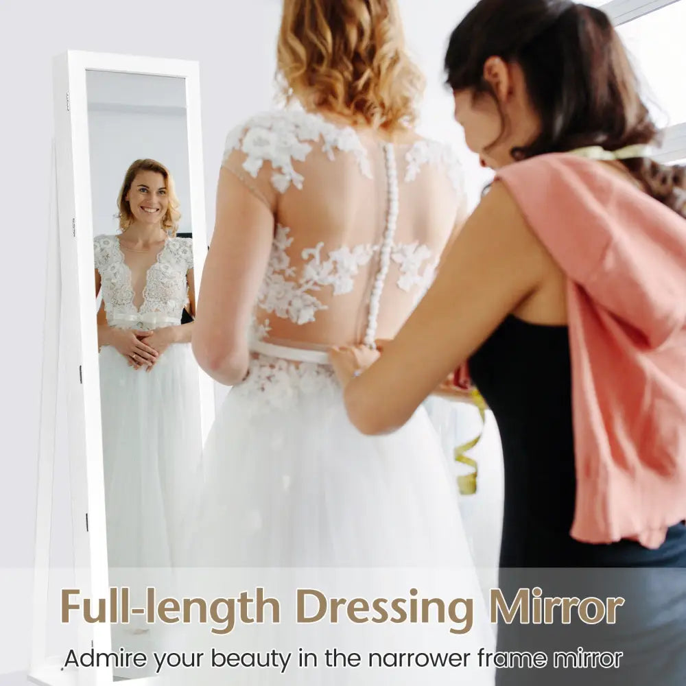 Lockable Freestanding Jewelry Armoire with Full Length Mirror-White - White - Jewelry Armoires