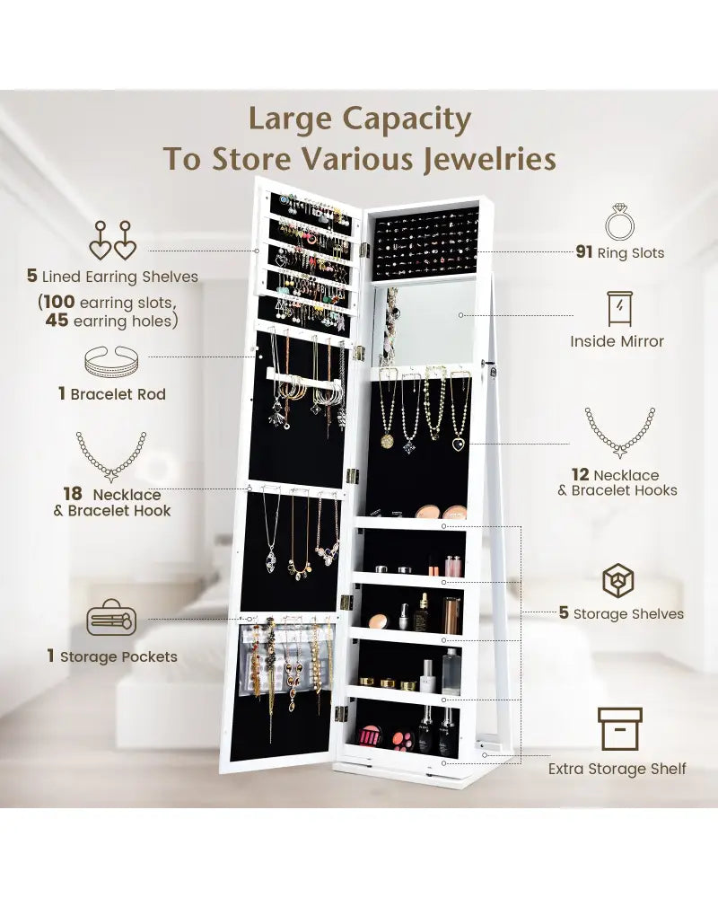 Lockable Freestanding Jewelry Armoire with Full Length Mirror-White - White - Jewelry Armoires