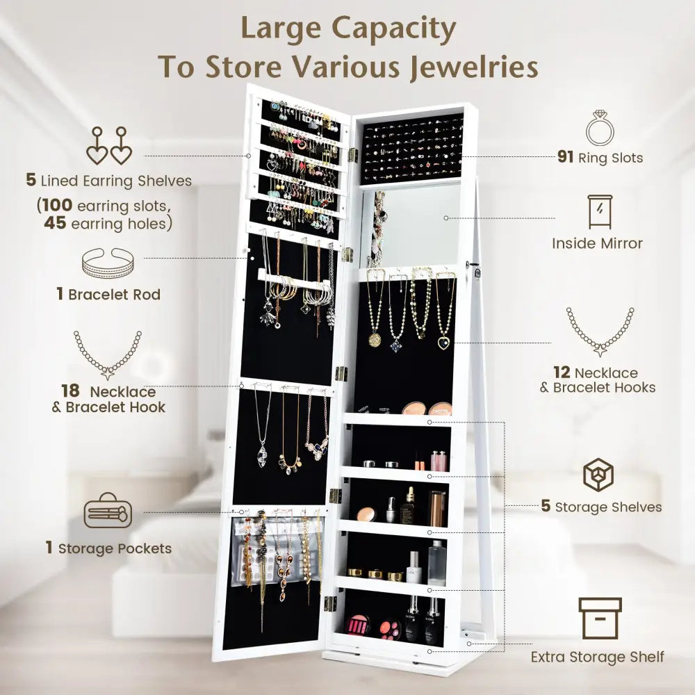 Lockable Freestanding Jewelry Armoire with Full Length Mirror-White - White - Jewelry Armoires