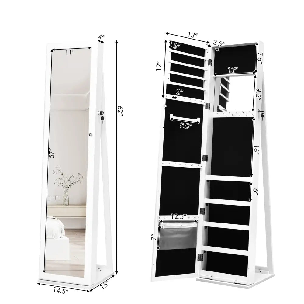 Lockable Freestanding Jewelry Armoire with Full Length Mirror-White - White - Jewelry Armoires