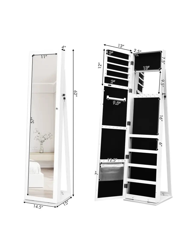Lockable Freestanding Jewelry Armoire with Full Length Mirror-White - White - Jewelry Armoires