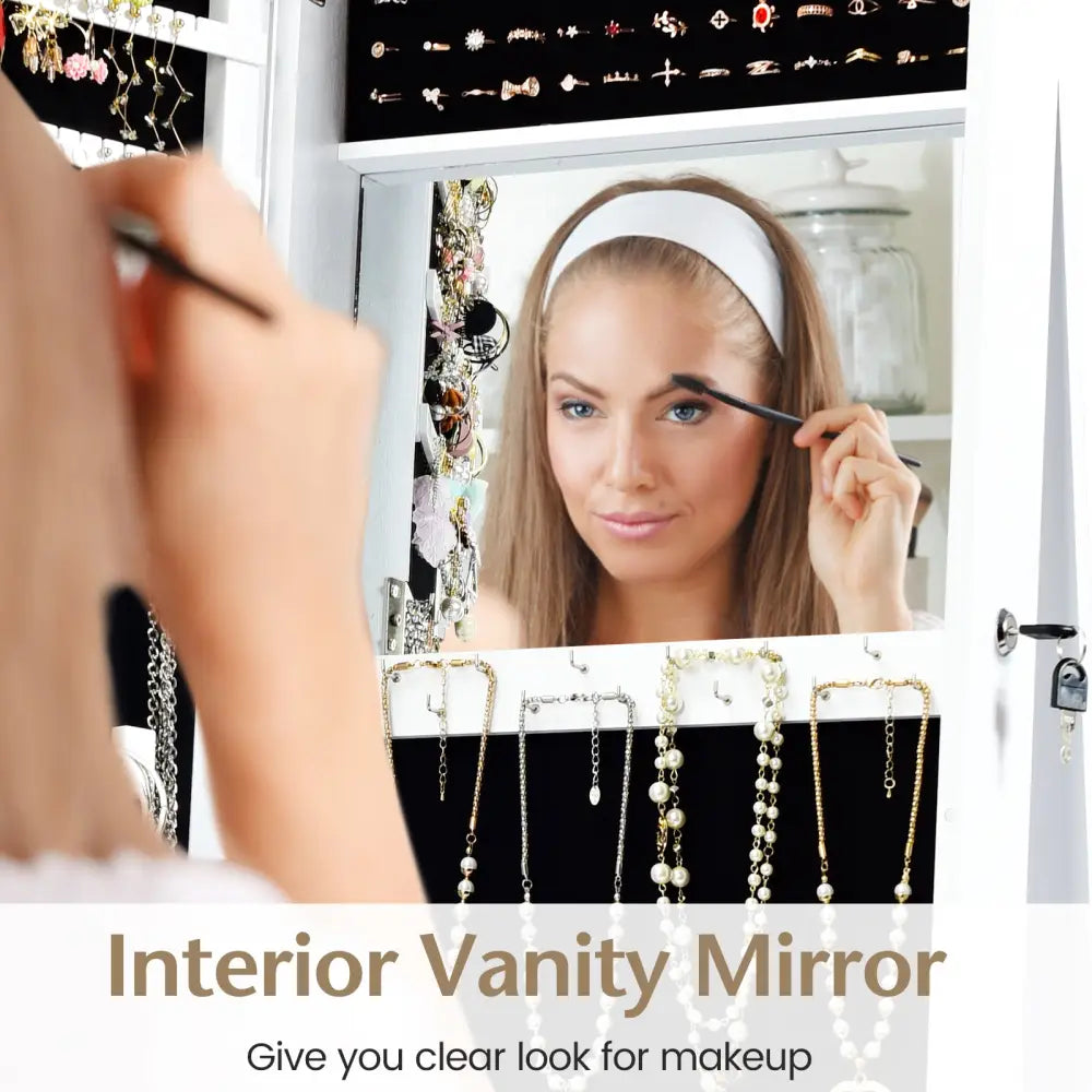 Lockable Freestanding Jewelry Armoire with Full Length Mirror-White - White - Jewelry Armoires