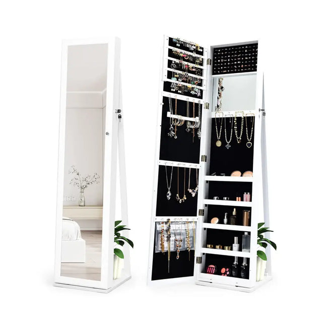 Lockable Freestanding Jewelry Armoire with Full Length Mirror-White - White - Jewelry Armoires