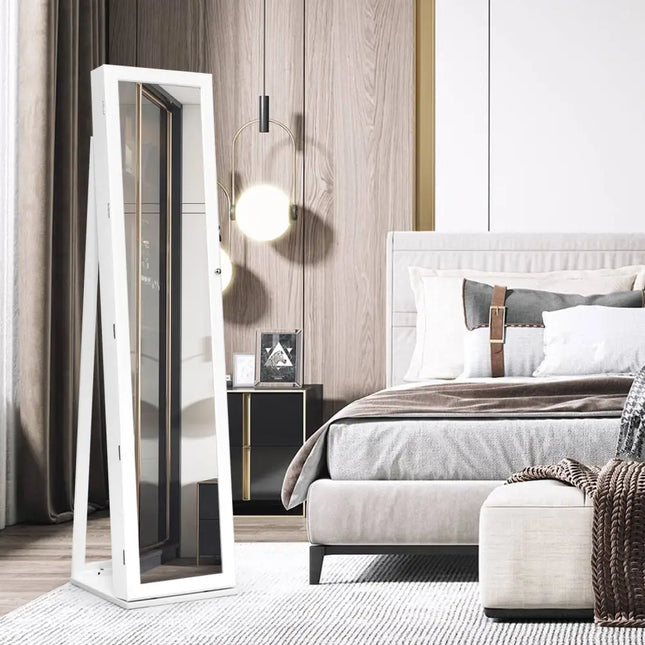 Lockable Freestanding Jewelry Armoire with Full Length Mirror-White - White - Jewelry Armoires