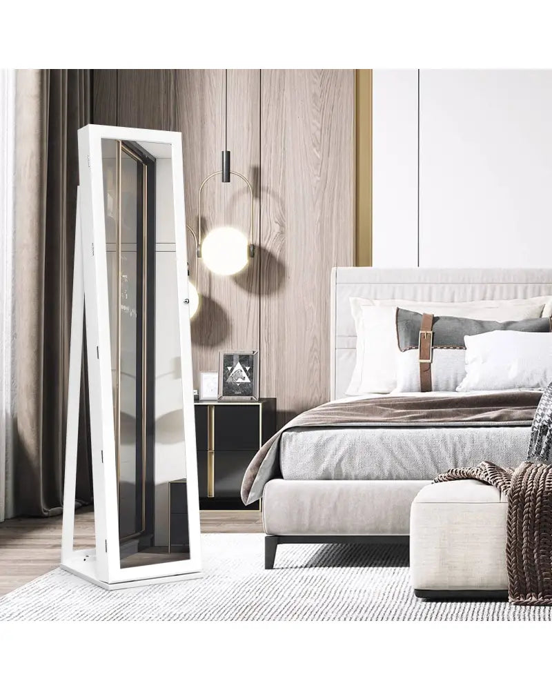 Lockable Freestanding Jewelry Armoire with Full Length Mirror-White - White - Jewelry Armoires