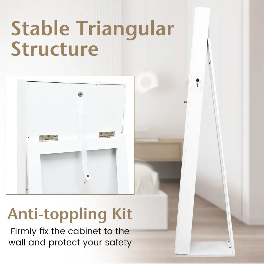 Lockable Freestanding Jewelry Armoire with Full Length Mirror-White - White - Jewelry Armoires