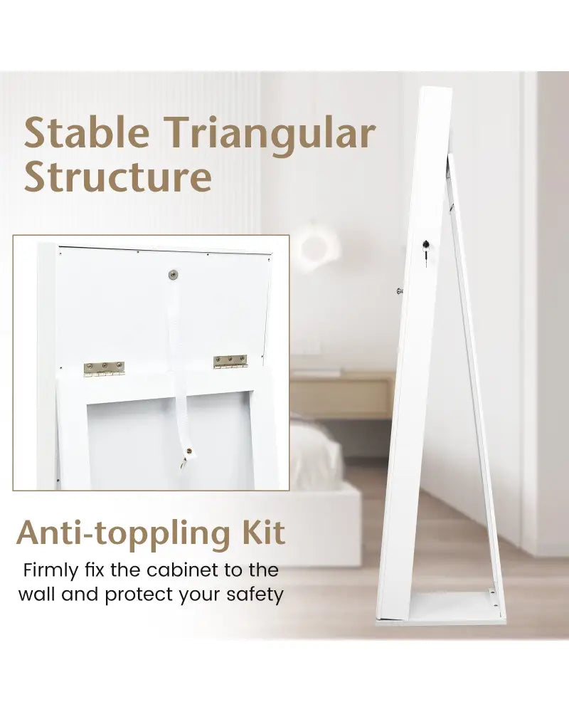 Lockable Freestanding Jewelry Armoire with Full Length Mirror-White - White - Jewelry Armoires