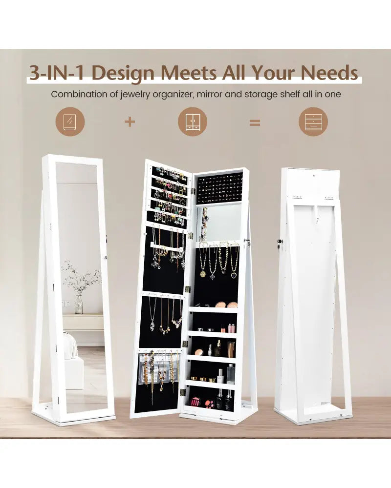 Lockable Freestanding Jewelry Armoire with Full Length Mirror-White - White - Jewelry Armoires