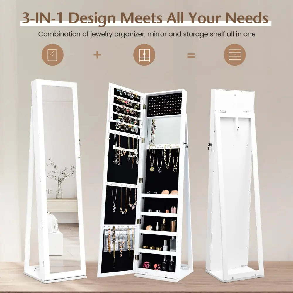 Lockable Freestanding Jewelry Armoire with Full Length Mirror-White - White - Jewelry Armoires