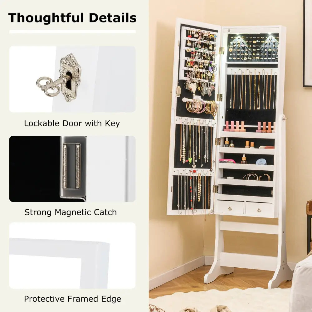 Lockable Freestanding Jewelry Cabinet Armoire with Full-Length Mirror and Lights-White - White - Jewelry Armoires