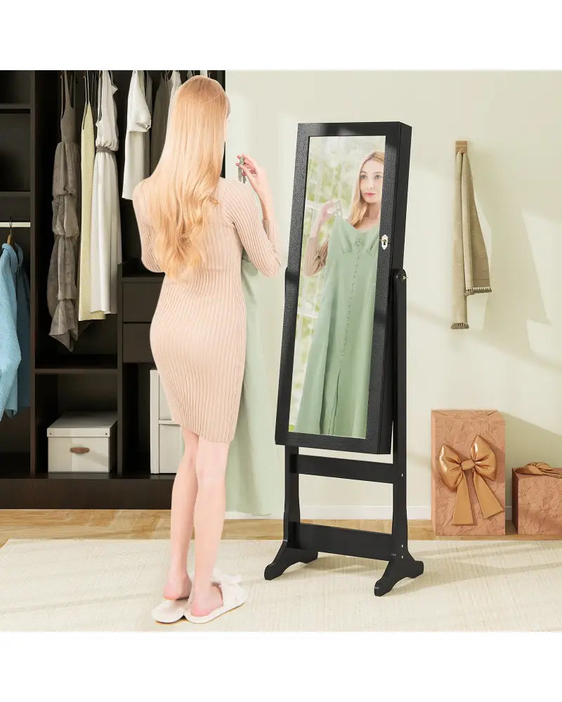 Lockable Freestanding Jewelry Cabinet Armoire with Full-Length Mirror and Lights-Black - Black - Jewelry Armoires