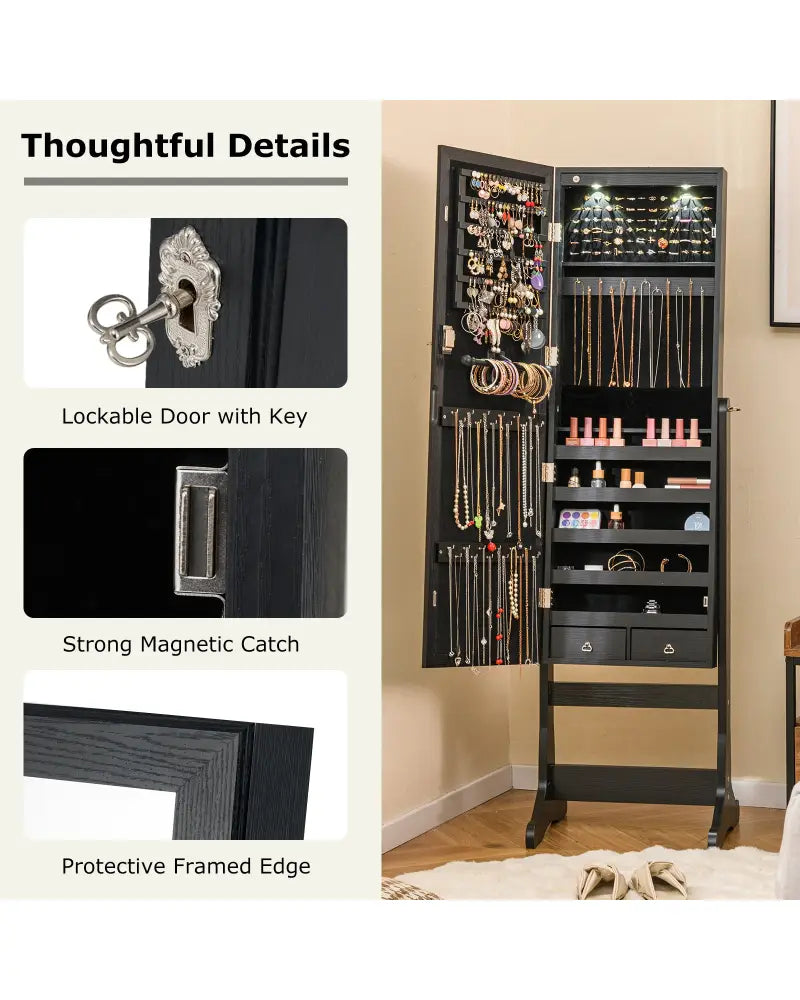 Lockable Freestanding Jewelry Cabinet Armoire with Full-Length Mirror and Lights-Black - Black - Jewelry Armoires
