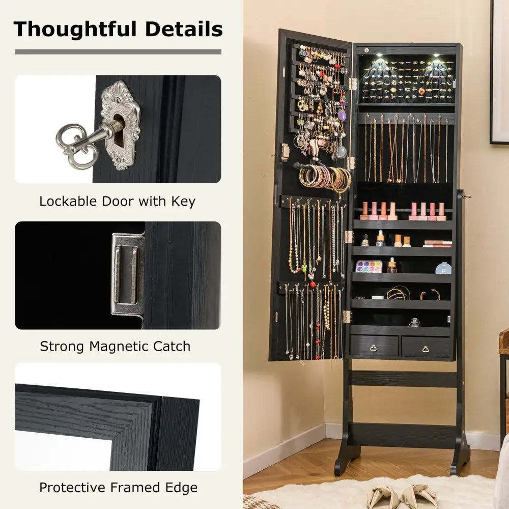 Lockable Freestanding Jewelry Cabinet Armoire with Full-Length Mirror and Lights-Black - Black - Jewelry Armoires
