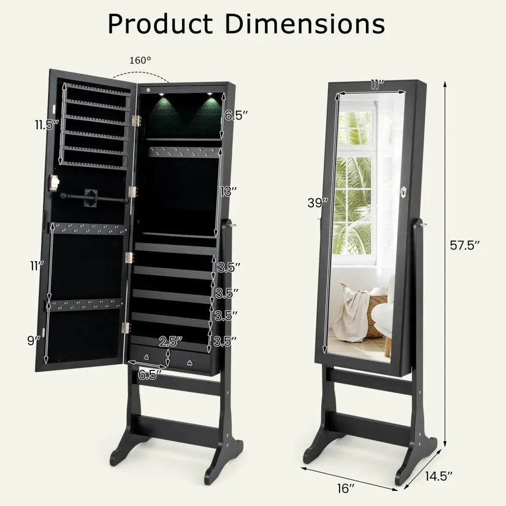 Lockable Freestanding Jewelry Cabinet Armoire with Full-Length Mirror and Lights-Black - Black - Jewelry Armoires