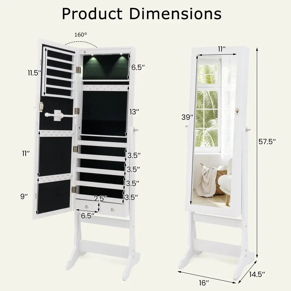 Lockable Freestanding Jewelry Cabinet Armoire with Full-Length Mirror and Lights-White - White - Jewelry Armoires