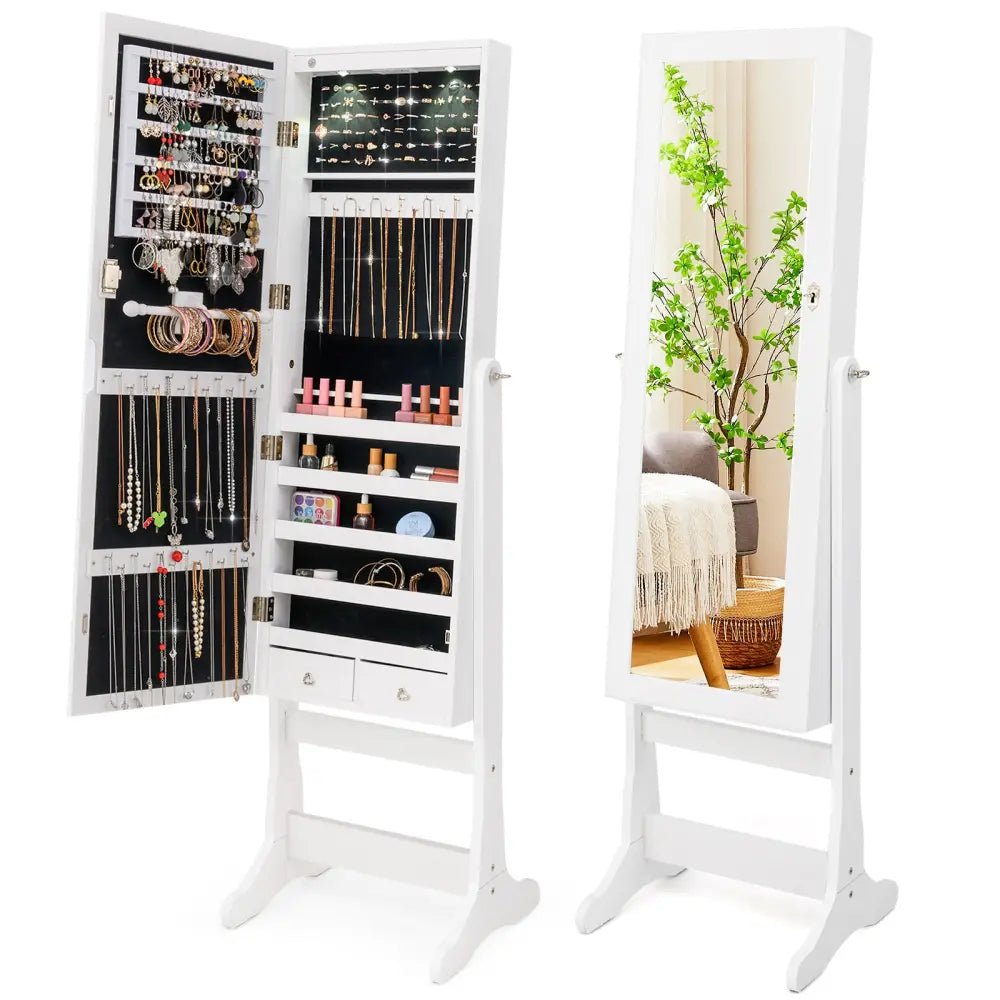 Lockable Freestanding Jewelry Cabinet Armoire with Full-Length Mirror and Lights-White - White - Jewelry Armoires