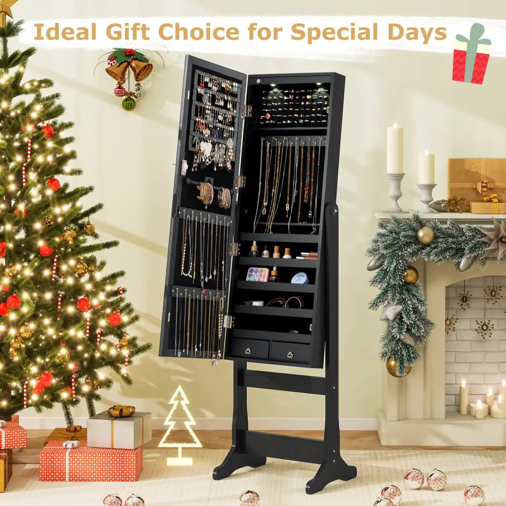 Lockable Freestanding Jewelry Cabinet Armoire with Full-Length Mirror and Lights-Black - Black - Jewelry Armoires