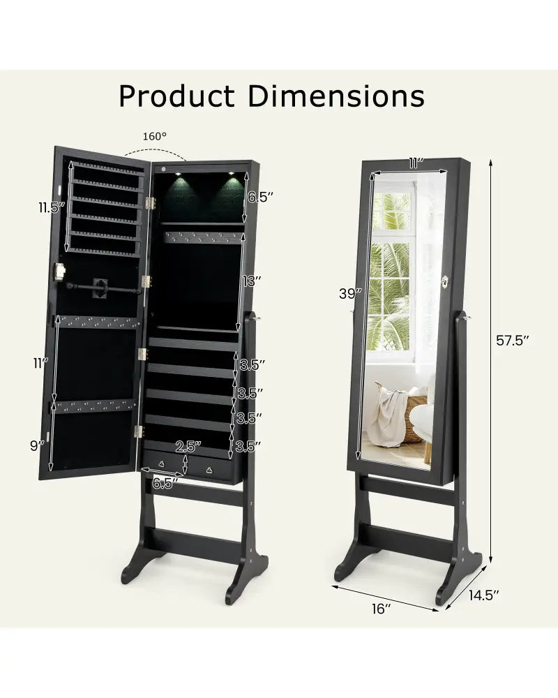 Lockable Freestanding Jewelry Cabinet Armoire with Full-Length Mirror and Lights-Black - Black - Jewelry Armoires