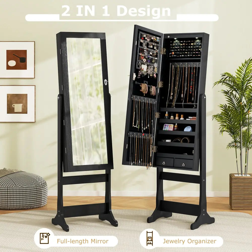Lockable Freestanding Jewelry Cabinet Armoire with Full-Length Mirror and Lights-Black - Black - Jewelry Armoires