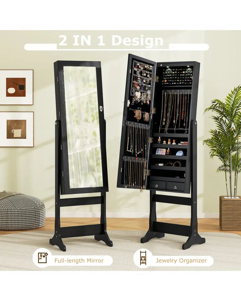 Lockable Freestanding Jewelry Cabinet Armoire with Full-Length Mirror and Lights-Black - Black - Jewelry Armoires