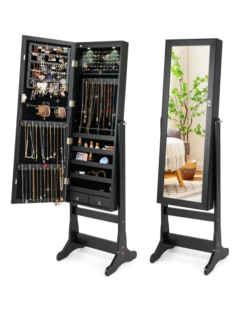 Lockable Freestanding Jewelry Cabinet Armoire with Full-Length Mirror and Lights-Black - Black - Jewelry Armoires