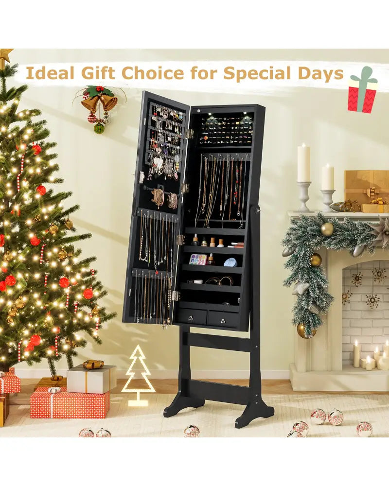 Lockable Freestanding Jewelry Cabinet Armoire with Full-Length Mirror and Lights-Black - Black - Jewelry Armoires
