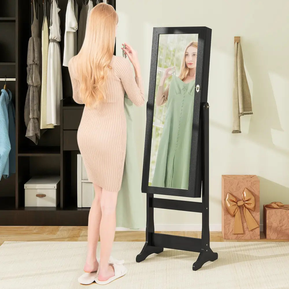 Lockable Freestanding Jewelry Cabinet Armoire with Full-Length Mirror and Lights-Black - Black - Jewelry Armoires