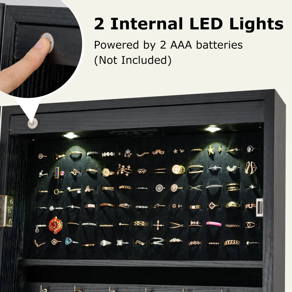 Lockable Freestanding Jewelry Cabinet Armoire with Full-Length Mirror and Lights-Black - Black - Jewelry Armoires