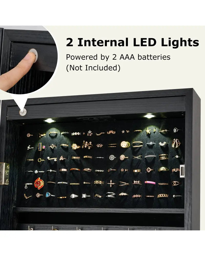Lockable Freestanding Jewelry Cabinet Armoire with Full-Length Mirror and Lights-Black - Black - Jewelry Armoires