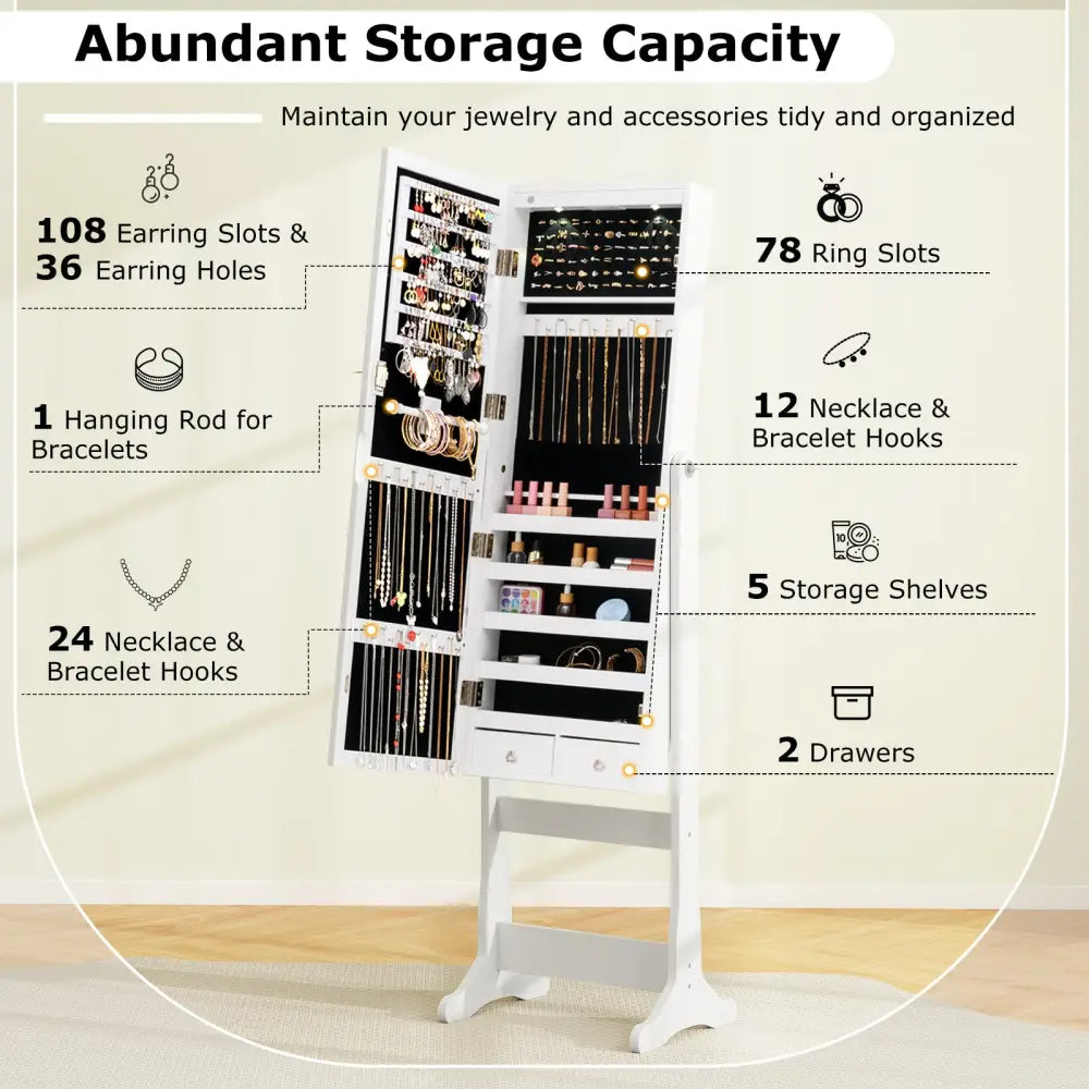Lockable Freestanding Jewelry Cabinet Armoire with Full-Length Mirror and Lights-White - White - Jewelry Armoires