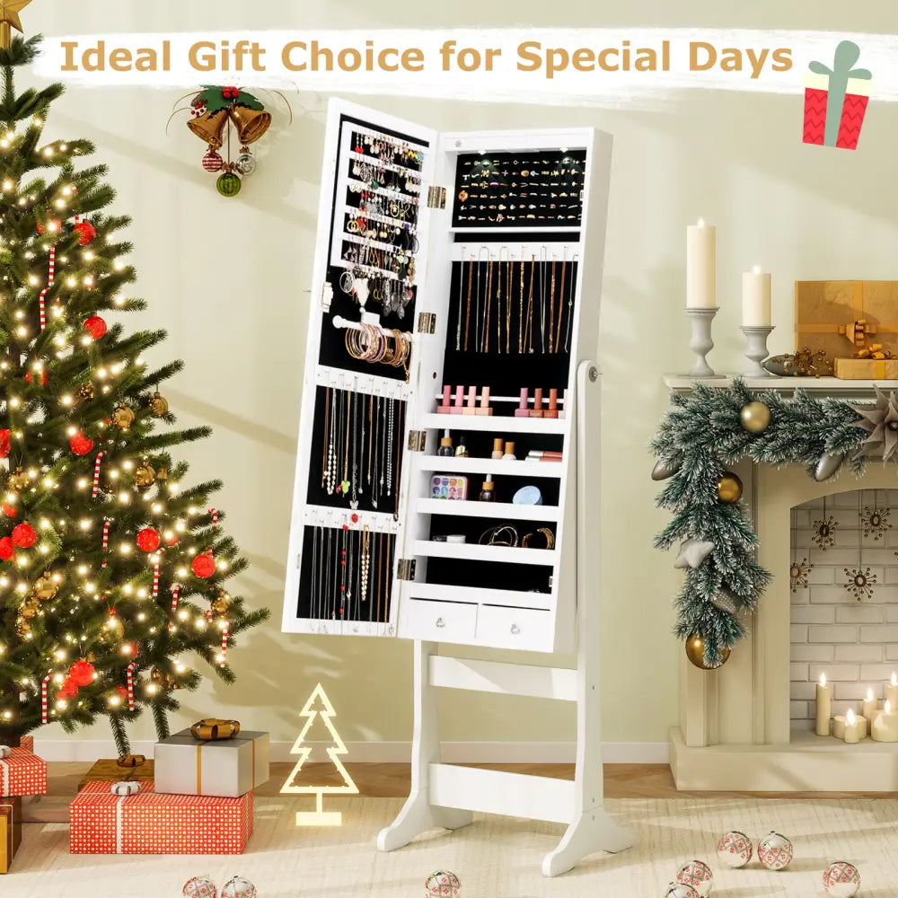 Lockable Freestanding Jewelry Cabinet Armoire with Full-Length Mirror and Lights-White - White - Jewelry Armoires