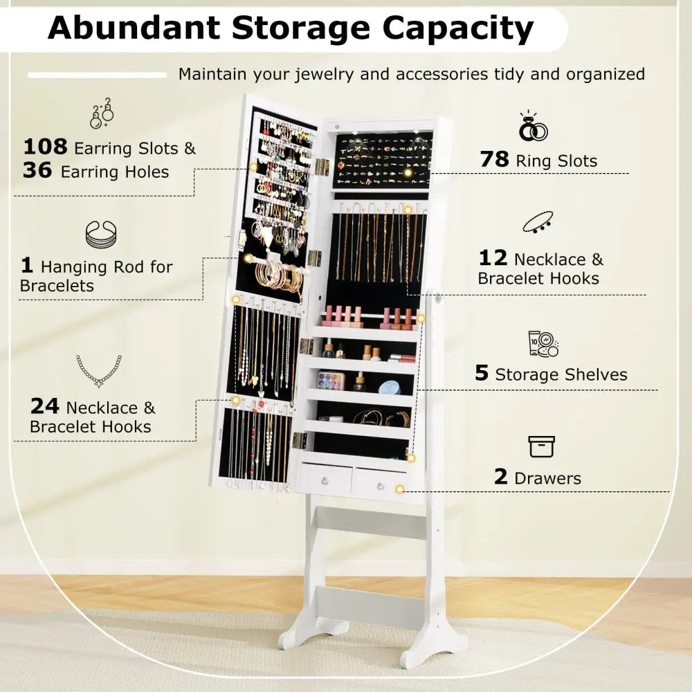 Lockable Freestanding Jewelry Cabinet Armoire with Full-Length Mirror and Lights-White - White - Jewelry Armoires