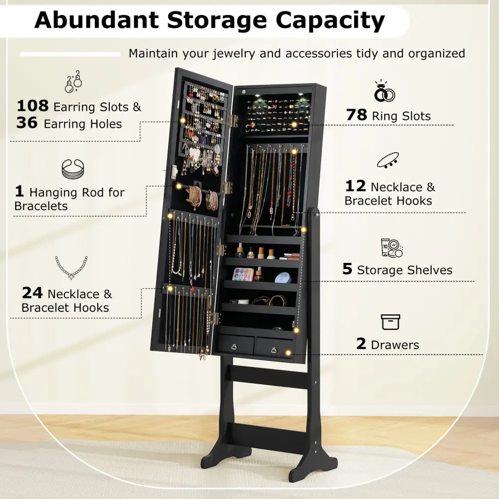 Lockable Freestanding Jewelry Cabinet Armoire with Full-Length Mirror and Lights-Black - Black - Jewelry Armoires