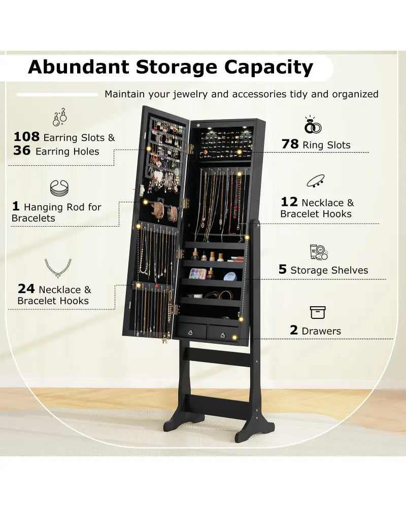 Lockable Freestanding Jewelry Cabinet Armoire with Full-Length Mirror and Lights-Black - Black - Jewelry Armoires