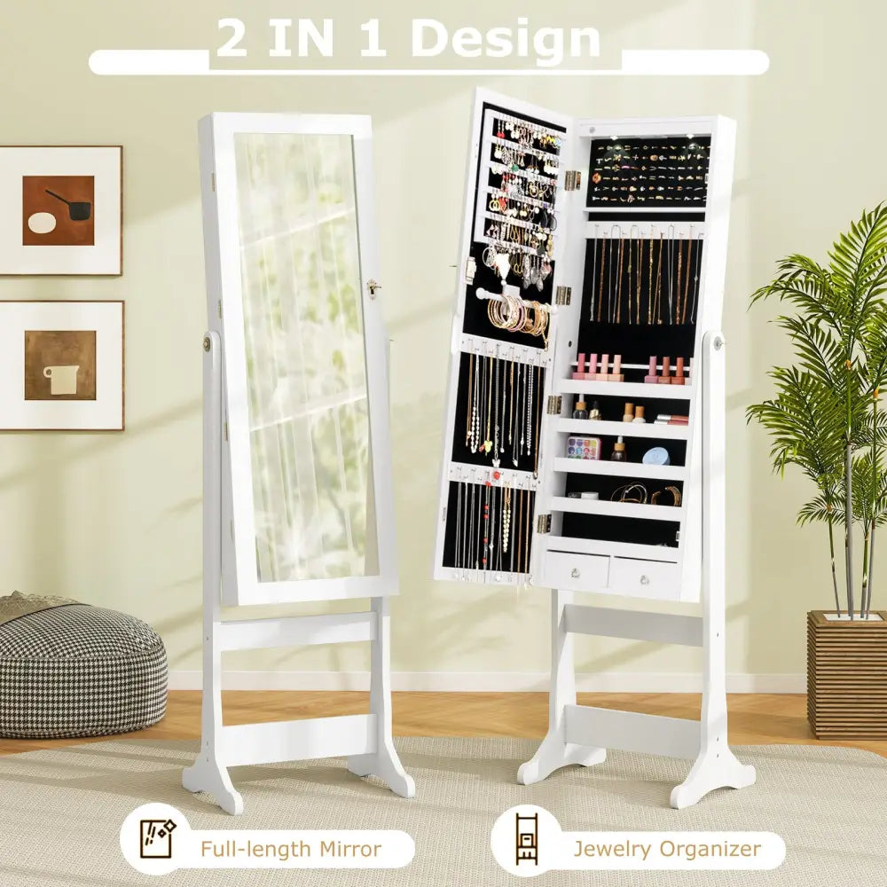 Lockable Freestanding Jewelry Cabinet Armoire with Full-Length Mirror and Lights-White - White - Jewelry Armoires