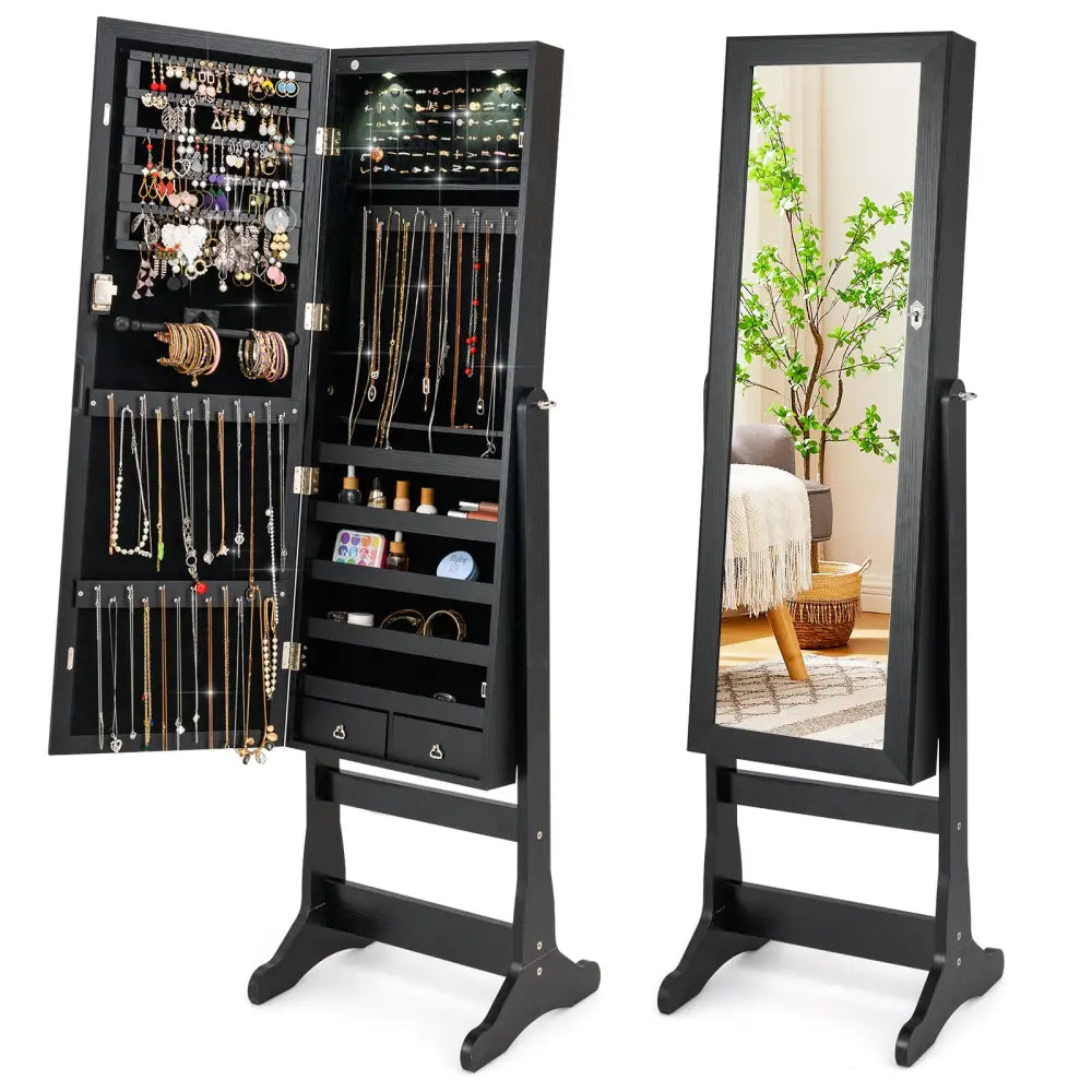Lockable Freestanding Jewelry Cabinet Armoire with Full-Length Mirror and Lights-Black - Black - Jewelry Armoires