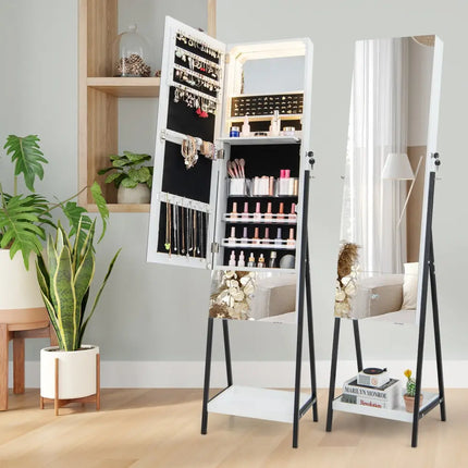 Lockable Freestanding Jewelry Organizer with Full-Length Frameless Mirror-White - White - Jewelry Armoires