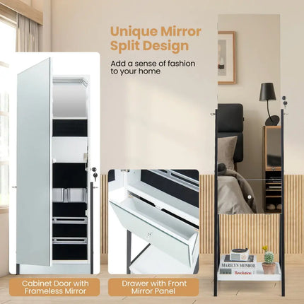 Lockable Freestanding Jewelry Organizer with Full-Length Frameless Mirror-White - White - Jewelry Armoires