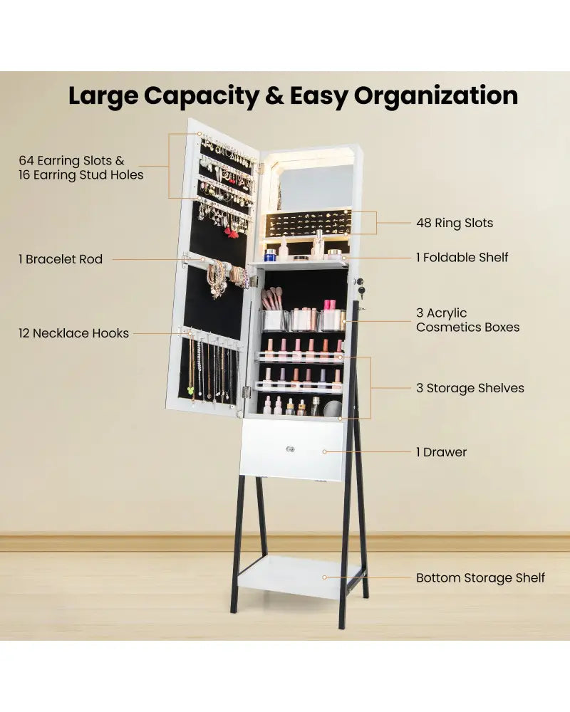 Lockable Freestanding Jewelry Organizer with Full-Length Frameless Mirror-White - White - Jewelry Armoires