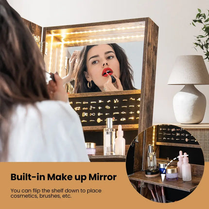 Lockable Freestanding Jewelry Organizer with Full-Length Frameless Mirror-White - White - Jewelry Armoires