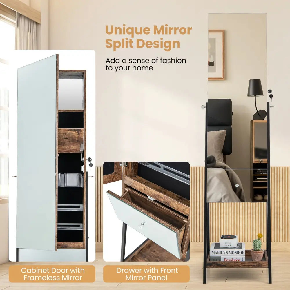 Lockable Freestanding Jewelry Organizer with Full-Length Frameless Mirror-Rustic Brown - Rustic Brown - Jewelry Armoires