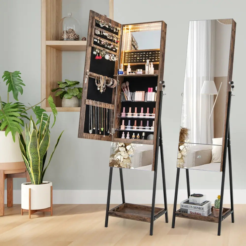 Lockable Freestanding Jewelry Organizer with Full-Length Frameless Mirror-Rustic Brown - Rustic Brown - Jewelry Armoires