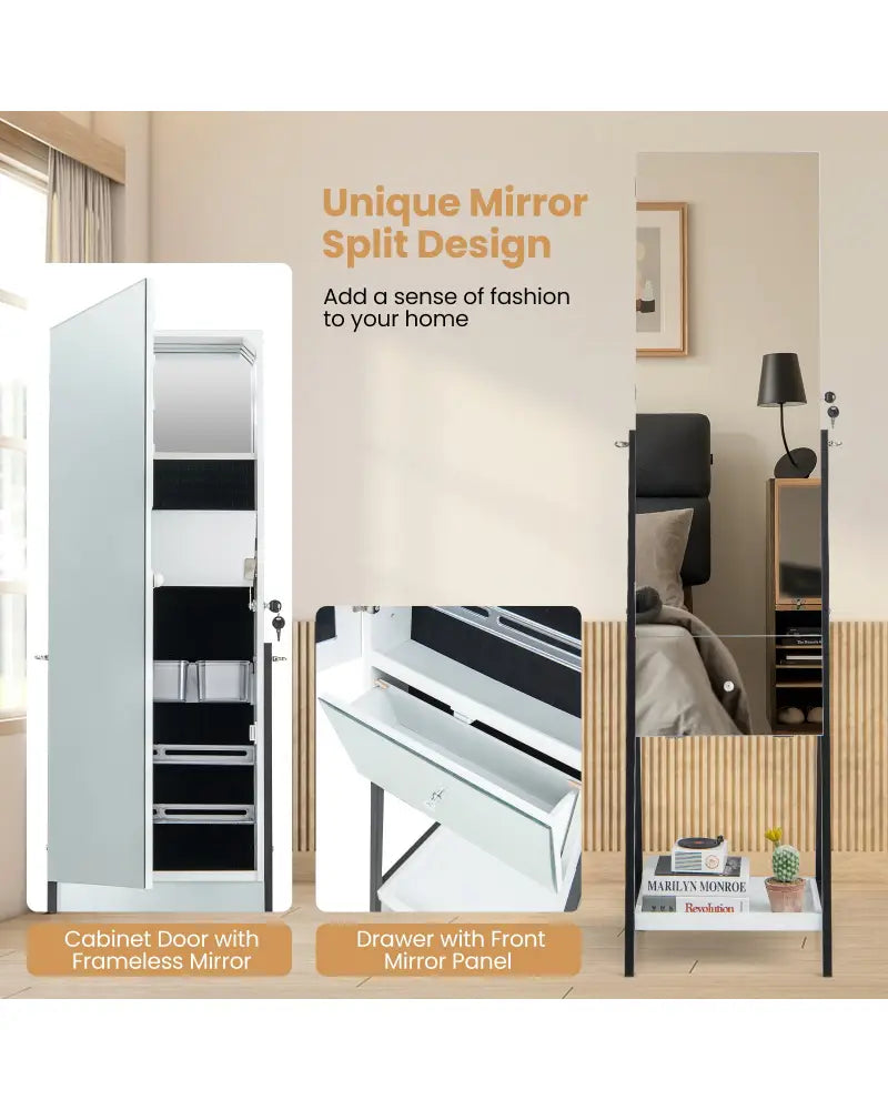 Lockable Freestanding Jewelry Organizer with Full-Length Frameless Mirror-White - White - Jewelry Armoires
